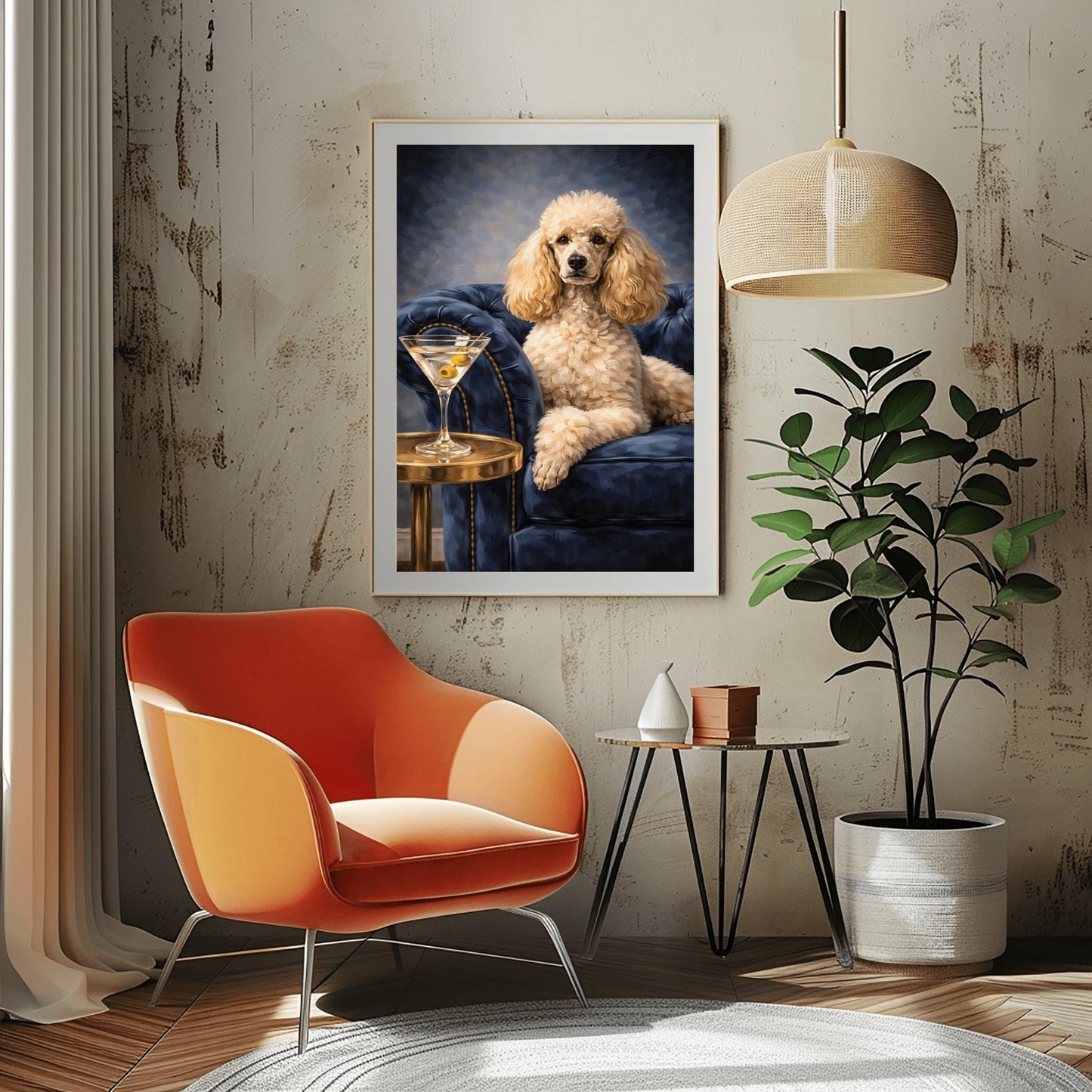 A vertical oil-style painting of a well-groomed white poodle sitting regally on a plush, dark blue velvet tufted armchair. To the left, a glass martini with two green olives on a toothpick sits on a round gold side table. The poodle has a calm, sophisticated expression. The background is a moody, dark grey-blue with visible painterly textures.