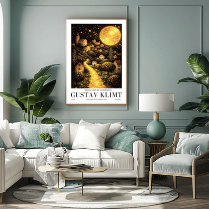 A vertical fine art landscape in the style of Gustav Klimt. A huge, textured golden moon shines in a starry night sky. A glowing golden path winds up a hillside past trees filled with shimmering golden dots toward a village of small houses with lit windows.
