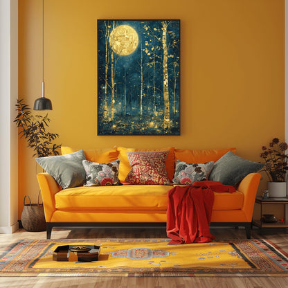 A vertical painting in the style of Gustav Klimt. Slender birch trees with gold-leaf bark and black geometric patterns stand in a dark navy forest at night. A large, bright gold moon with mosaic spirals hangs in the sky. The air is filled with glowing golden dots and fireflies. The overall style is rich in texture and golden ornamentation against a deep blue background.