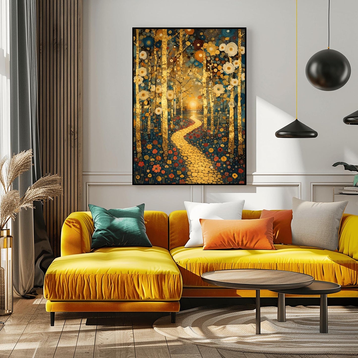 A vertical fine art landscape in the style of Gustav Klimt. Textured gold leaf birch trees frame a winding path made of golden mosaic discs. The path leads toward a sun setting over a lake in the background. The scene is filled with stylized flowers on the ground and decorative blue and cream circular motifs in the sky.