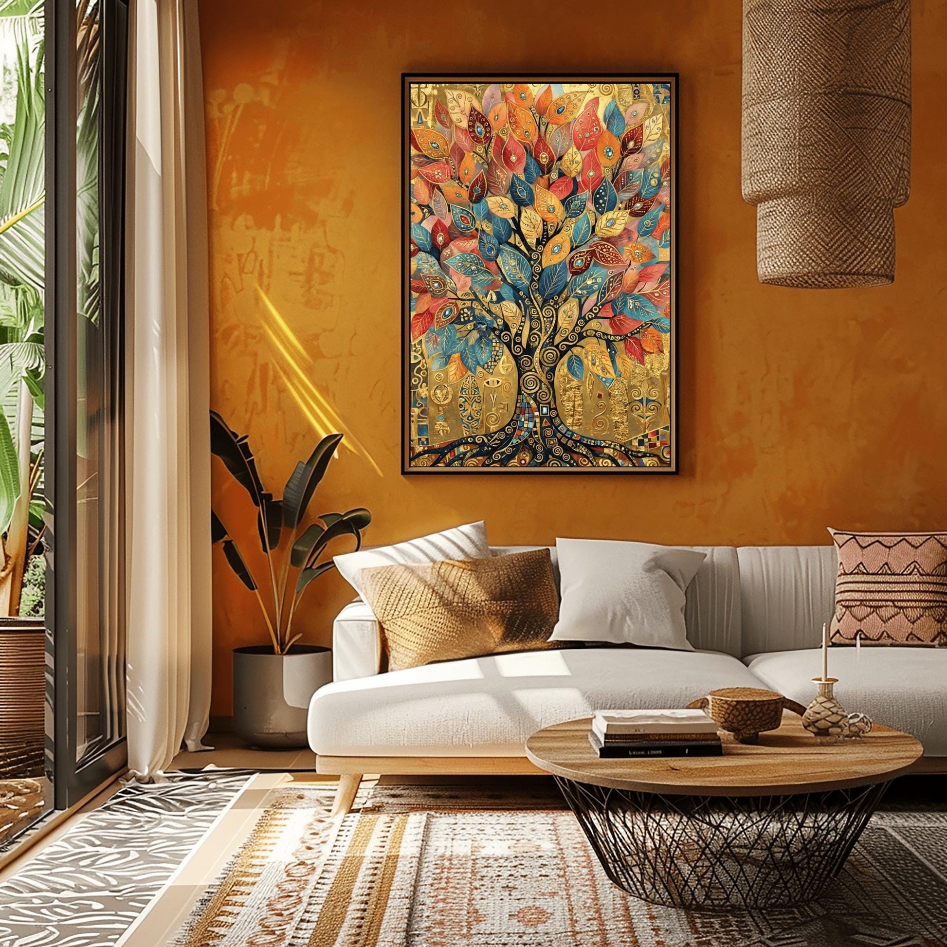 A vertical fine art print in the style of Gustav Klimt. A large tree with a dark mosaic trunk and golden swirling branches is centered on a textured gold background. The leaves are large, teardrop-shaped jewels in shades of red, orange, and blue. The background is filled with ornate golden symbols and spirals.