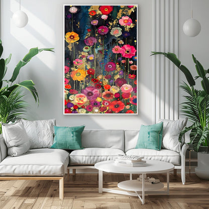 A vertical, highly detailed painting in the style of Gustav Klimt. A dense field of vibrant wildflowers in red, pink, orange, and purple grows against a dark indigo and black background. Shimmering gold-leaf patterns and "rain" effects are woven throughout the flowers. The style is rich in texture with a mosaic-like quality and heavy gold accents.
