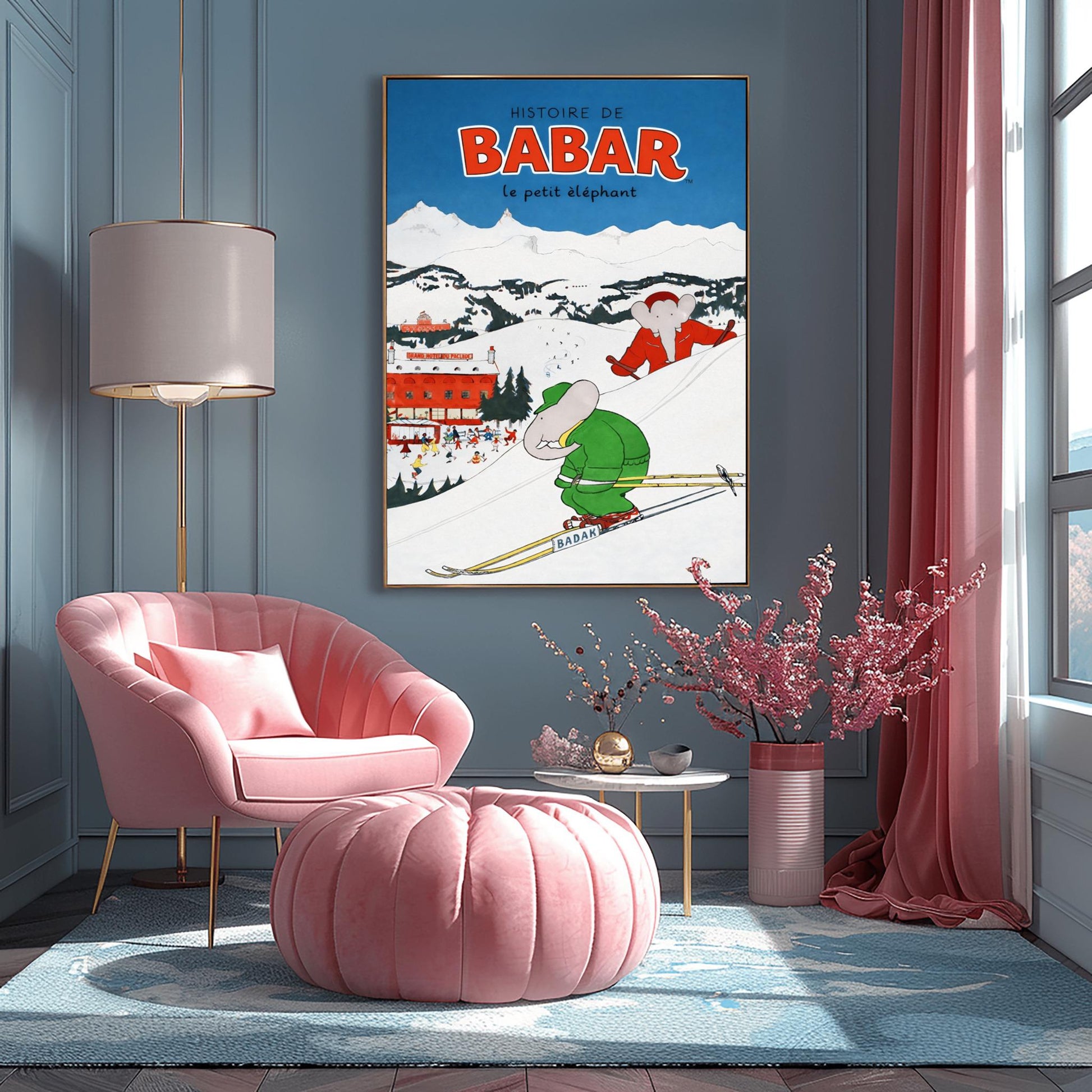 A vertical children's illustration poster titled "HISTOIRE DE BABAR le petit éléphant" in red. Two elephants are skiing down a snowy mountain slope. One is in a green suit in the foreground, and another is in a red suit behind him. In the background is a large red building labeled "GRAND HOTEL DU PAQUID" next to an outdoor ice rink with many small figures. Snow-capped mountains rise under a dark blue sky.