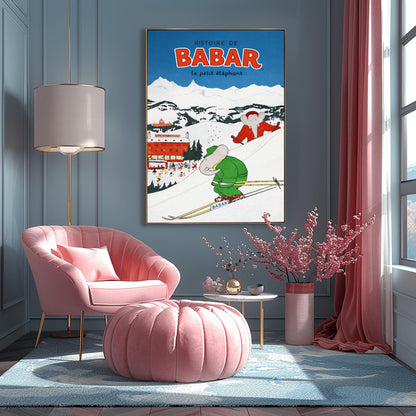 A vertical children's illustration poster titled "HISTOIRE DE BABAR le petit éléphant" in red. Two elephants are skiing down a snowy mountain slope. One is in a green suit in the foreground, and another is in a red suit behind him. In the background is a large red building labeled "GRAND HOTEL DU PAQUID" next to an outdoor ice rink with many small figures. Snow-capped mountains rise under a dark blue sky.