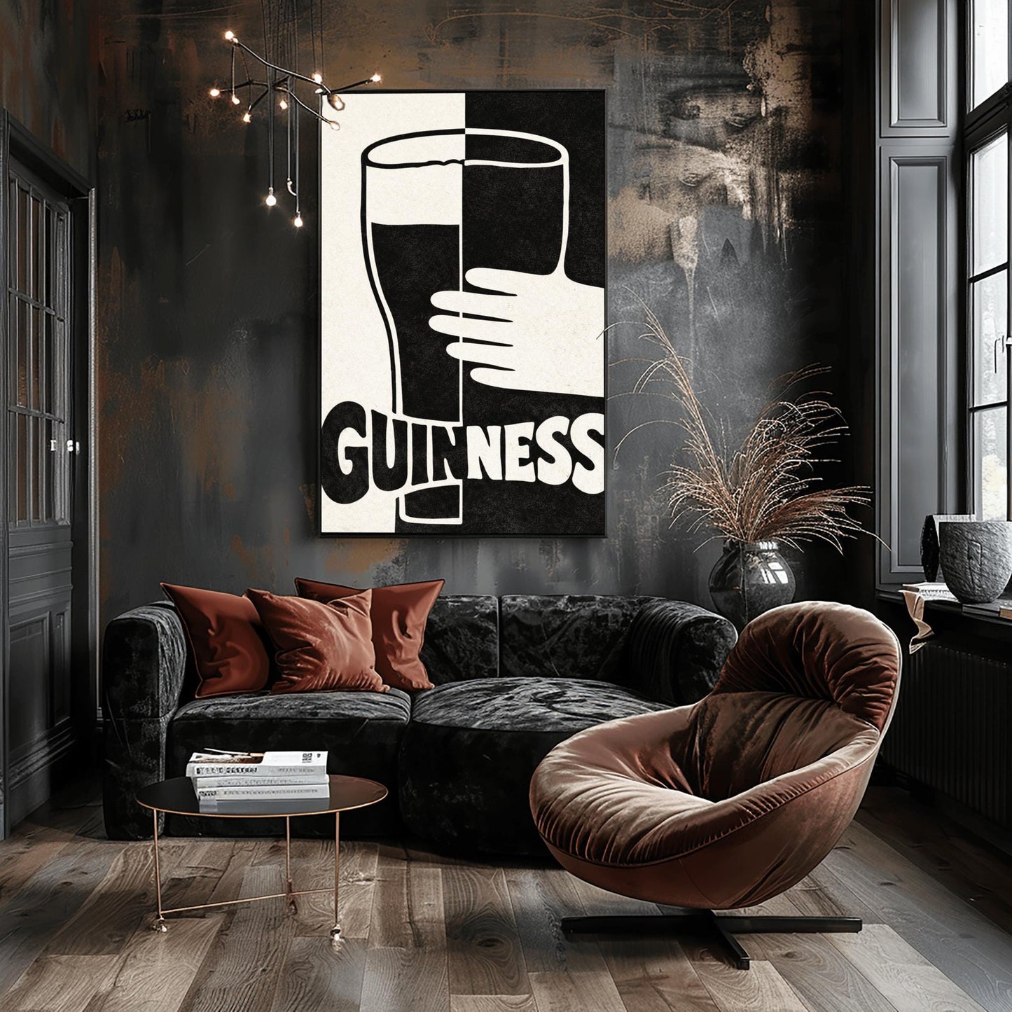 A vertical minimalist graphic split down the center: the left half is cream and the right half is black. A large Guinness pint in the center reverses its colors across the split. A white hand holds the glass from the right. The word "GUINNESS" at the bottom also reverses colors across the divide.
