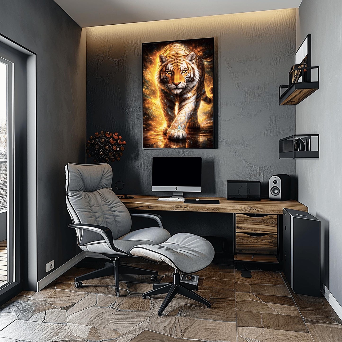A vertical full-bleed illustration of a tiger in the style of Gustav Klimt. The tiger is prowling forward toward the viewer, its body covered in golden mosaic patterns and glowing orange light. The background is a swirl of amber sparks and gold-leaf textures.