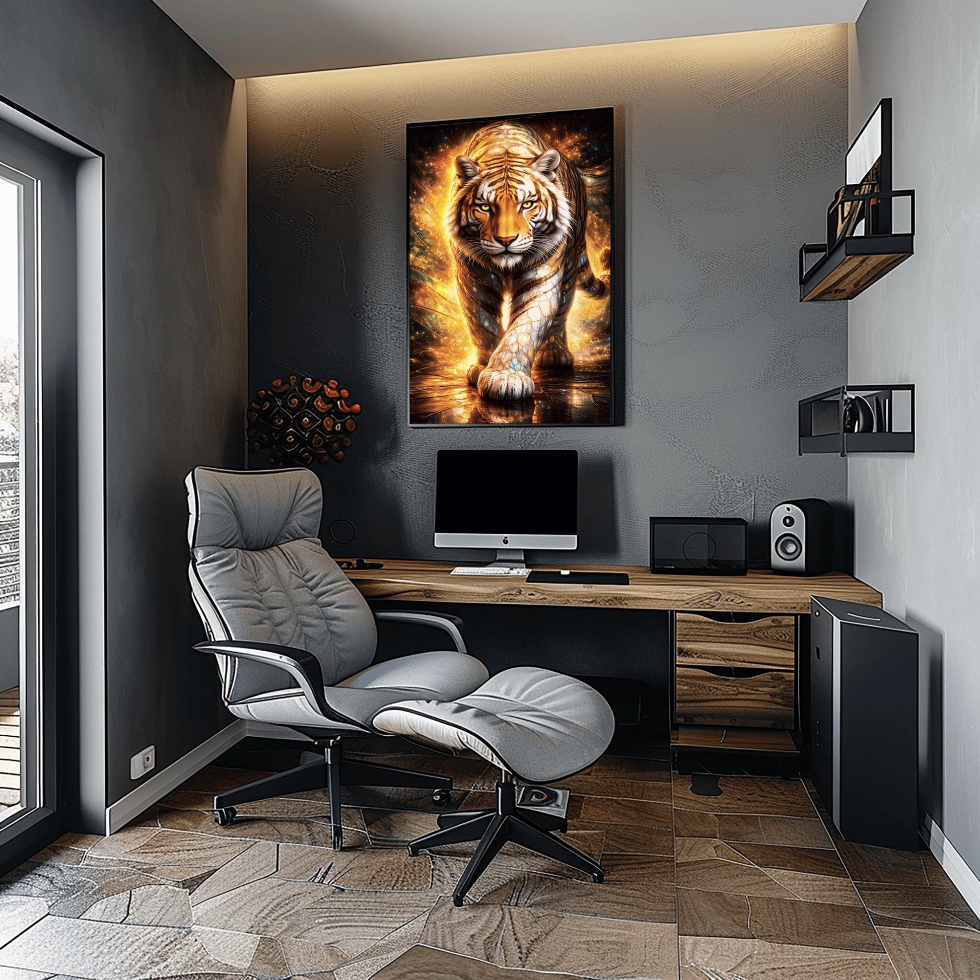 A vertical full-bleed illustration of a tiger in the style of Gustav Klimt. The tiger is prowling forward toward the viewer, its body covered in golden mosaic patterns and glowing orange light. The background is a swirl of amber sparks and gold-leaf textures.