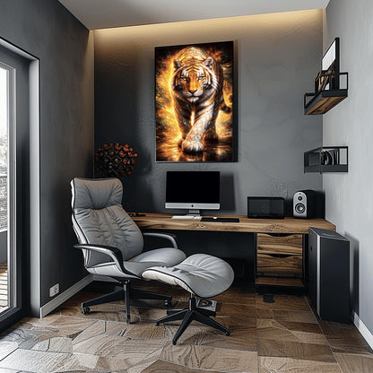 A vertical full-bleed illustration of a tiger in the style of Gustav Klimt. The tiger is prowling forward toward the viewer, its body covered in golden mosaic patterns and glowing orange light. The background is a swirl of amber sparks and gold-leaf textures.