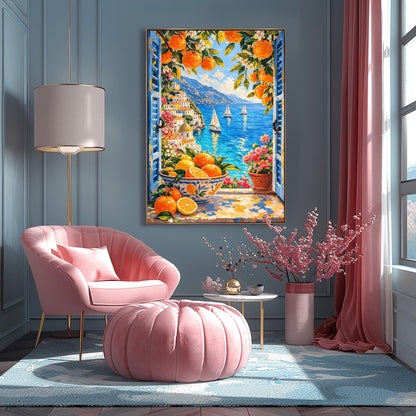 A vertical painterly illustration looking through open blue shutters at a coastal town with a yellow-domed cathedral and a blue sea with sailboats. In the foreground, a ceramic bowl holds oranges and lemons on a stone windowsill next to a pot of pink flowers.