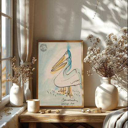 A vertical watercolor and ink illustration by Ludwig Bemelmans. A large white and orange pelican stands on a stone pier, holding a brown basket full of silver fish in its large beak. In the background, small sailboats sit in a light blue harbor next to a row of colorful European-style buildings. A small blue bird is perched on a wooden post in the foreground. The overall style is loose and whimsical with soft pastel colors.