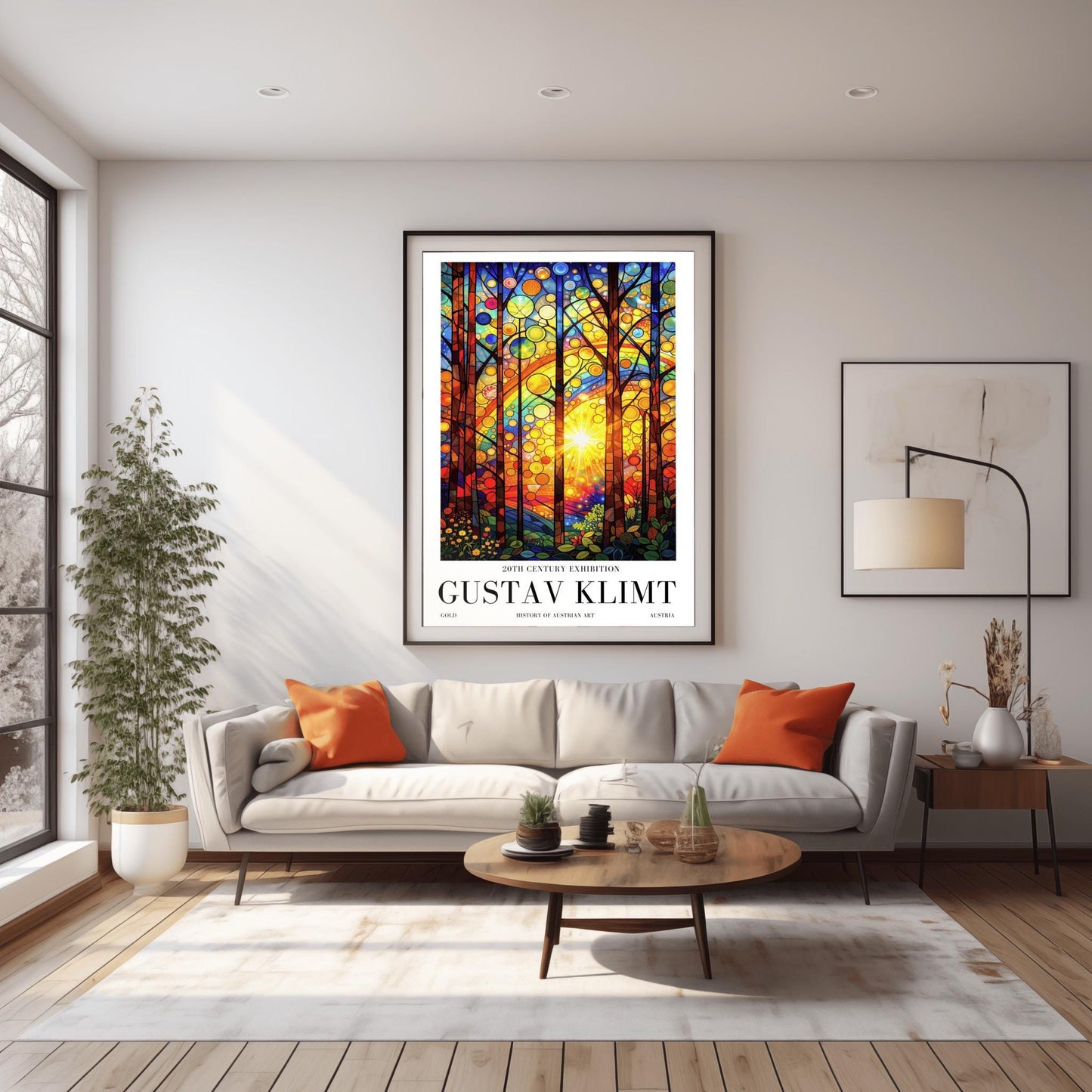 A vertical museum exhibition poster in the style of Gustav Klimt. A bright sun radiates light through a forest where the leaves are represented by colorful circles resembling stained glass. The foreground features detailed flowers and leaves. Bold black text at the bottom reads "GUSTAV KLIMT" and "HISTORY OF AUSTRIAN ART."