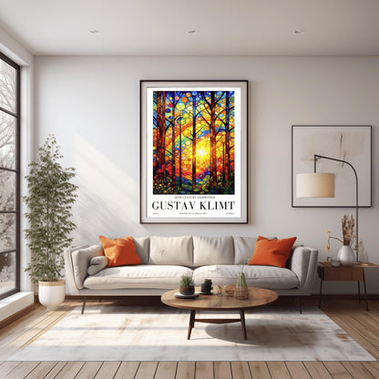 A vertical museum exhibition poster in the style of Gustav Klimt. A bright sun radiates light through a forest where the leaves are represented by colorful circles resembling stained glass. The foreground features detailed flowers and leaves. Bold black text at the bottom reads "GUSTAV KLIMT" and "HISTORY OF AUSTRIAN ART."