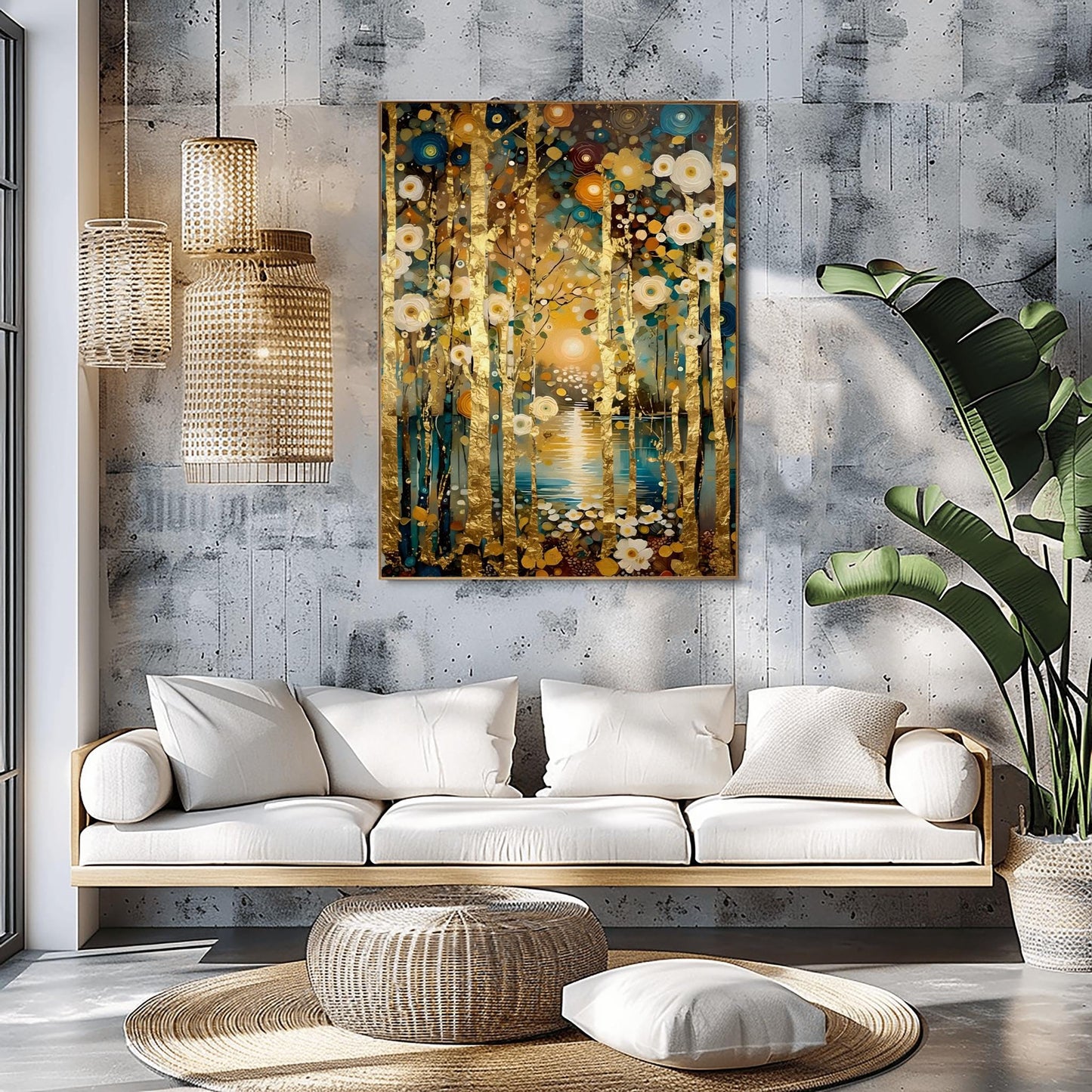 A vertical landscape painting in the style of Gustav Klimt. Slender birch tree trunks with gold-leaf textures stand in a dense forest. The ground is covered in stylized, mosaic-like circular flowers in cream, gold, and teal. In the background, a glowing sun reflects on a dark blue lake. The overall style is rich in texture with heavy impasto brushstrokes and a deep, opulent color palette.