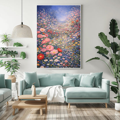 A vertical fine art landscape in the style of Gustav Klimt. A vast valley is filled with a dense sea of pink, red, blue, and white wildflowers. Large pink poppies are in the foreground, and the field stretches back to a hazy, sun-drenched horizon under a soft blue sky.
