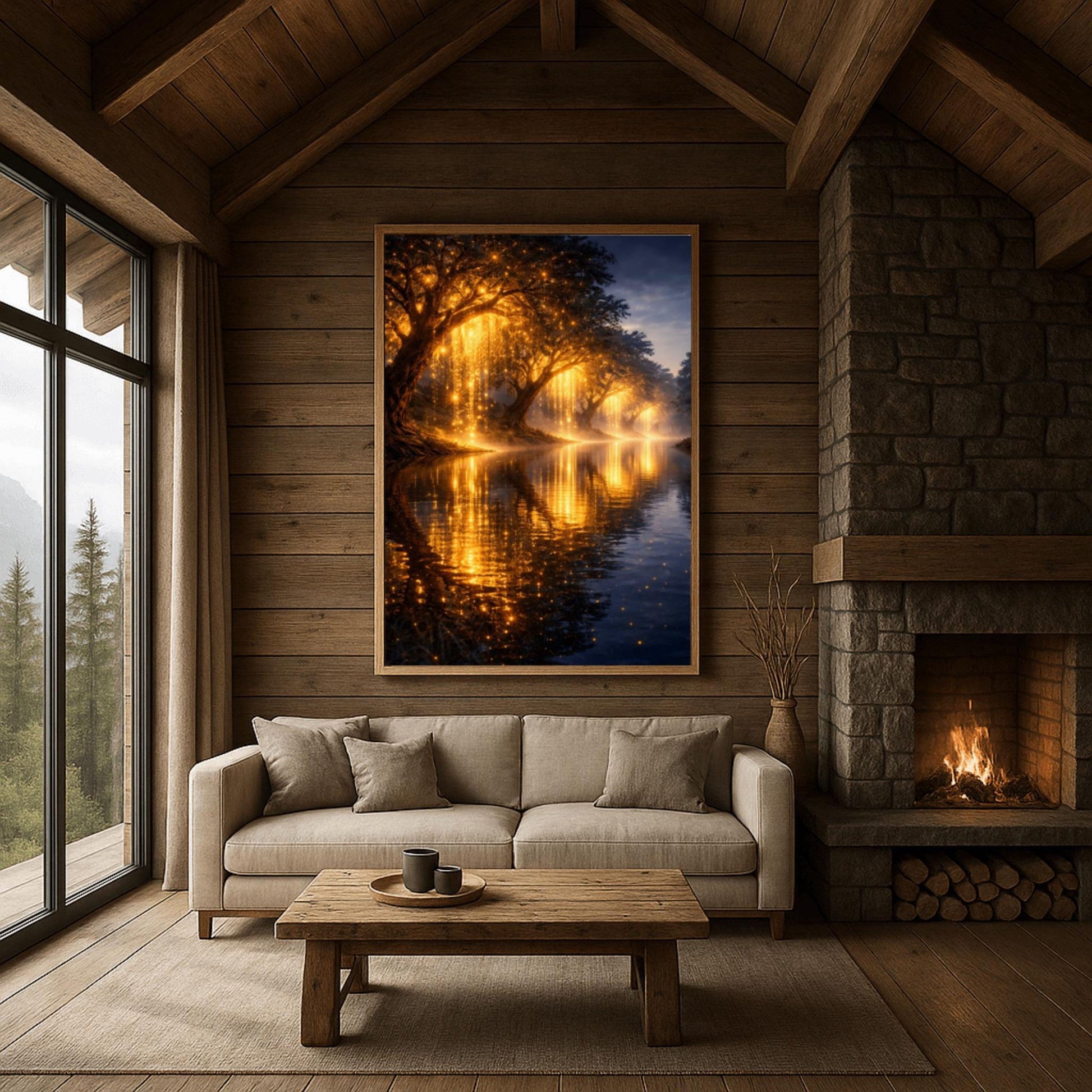 A vertical full-bleed landscape illustration in the style of Gustav Klimt. A row of weeping willow trees with branches made of liquid gold and sparkling embers lines a dark, tranquil river. The golden light reflects brilliantly on the water's surface under a dark twilight sky.