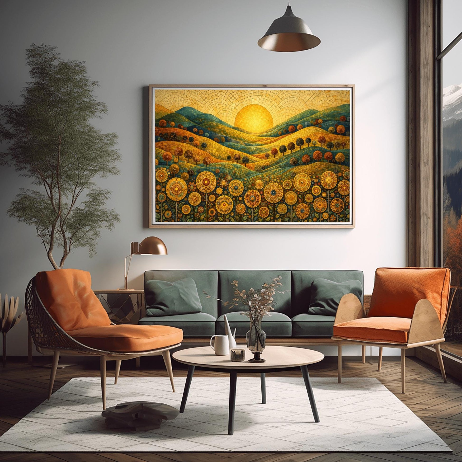 A horizontal landscape illustration in a mosaic style. A large golden sun is centered in a tiled sky above rolling hills of teal, gold, and orange. The hills are populated with small rounded trees. The foreground is a dense field of intricate, circular mandala-style flowers.