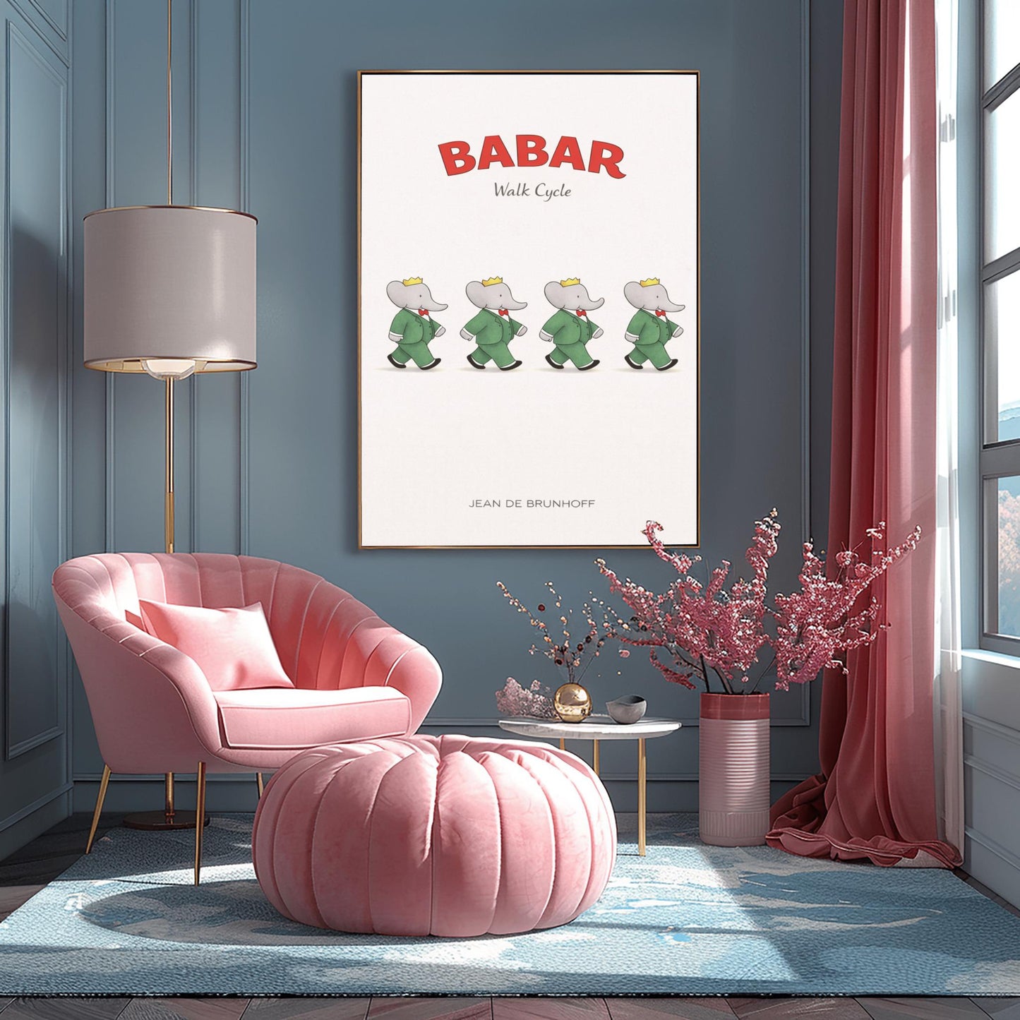 A vertical minimalist illustration poster titled "BABAR: Walk Cycle" in red and grey. The image features four identical figures of an elephant (Babar) in a green suit and crown, arranged in a horizontal line. Each figure is shown in a different stage of a walking stride, creating an animation sequence. The background is solid off-white. The name "JEAN DE BRUNHOFF" is at the bottom.