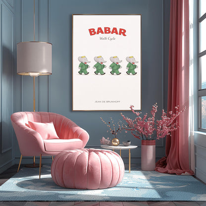 A vertical minimalist illustration poster titled "BABAR: Walk Cycle" in red and grey. The image features four identical figures of an elephant (Babar) in a green suit and crown, arranged in a horizontal line. Each figure is shown in a different stage of a walking stride, creating an animation sequence. The background is solid off-white. The name "JEAN DE BRUNHOFF" is at the bottom.