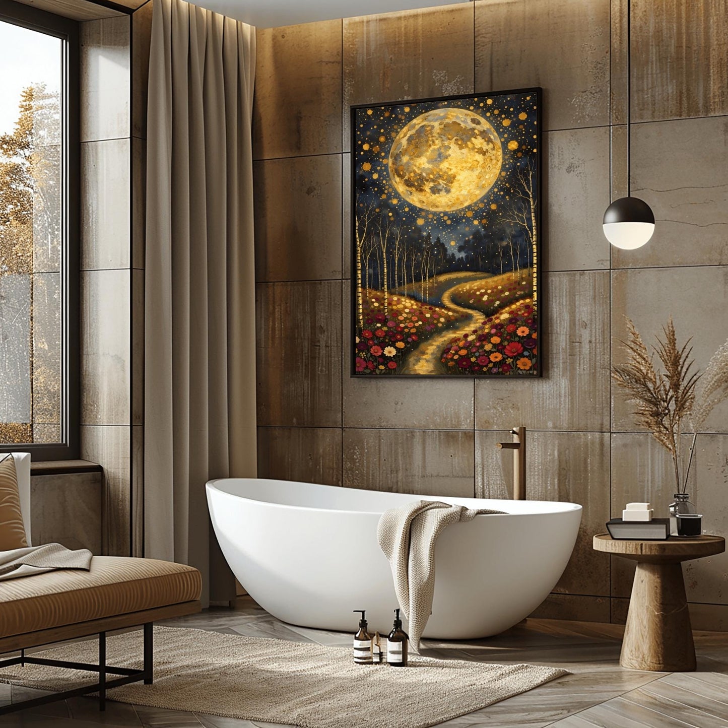A vertical fine art painting in the style of Gustav Klimt. A massive, textured golden moon fills the upper half of a dark, starlit sky. Below, a winding golden path leads through a lush field of colorful wildflowers including pink, red, and white blooms. Slender birch trees with gold accents frame the meadow. The style is highly decorative with mosaic patterns and shimmering light effects.