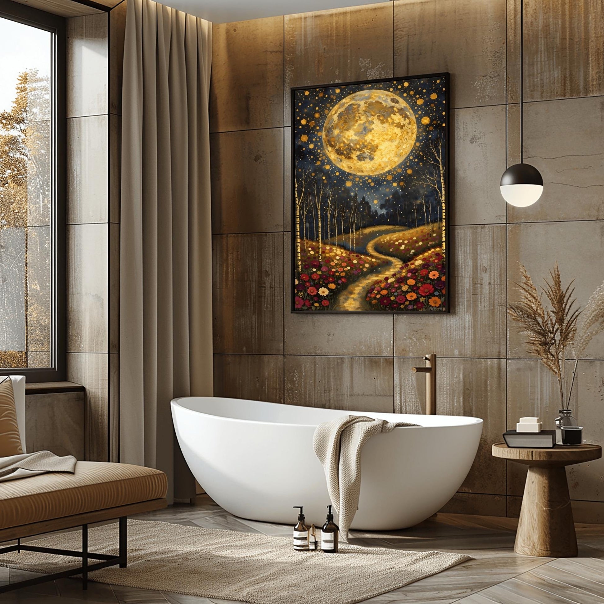 A vertical fine art painting in the style of Gustav Klimt. A massive, textured golden moon fills the upper half of a dark, starlit sky. Below, a winding golden path leads through a lush field of colorful wildflowers including pink, red, and white blooms. Slender birch trees with gold accents frame the meadow. The style is highly decorative with mosaic patterns and shimmering light effects.