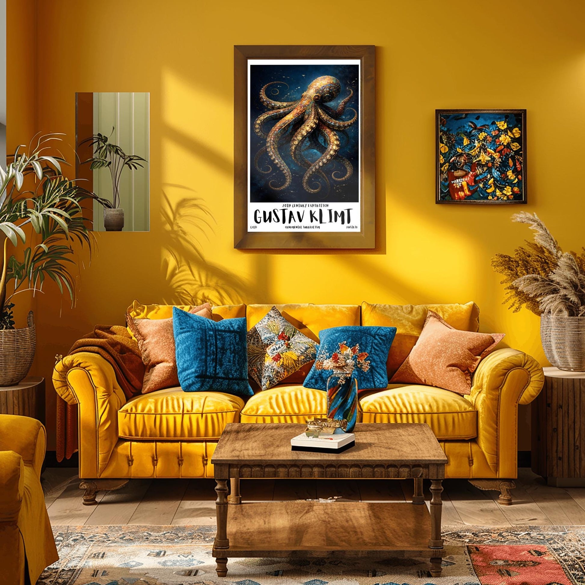 A vertical exhibition poster for Gustav Klimt featuring a highly detailed octopus against a dark navy background. The octopus is covered in golden mosaic patterns and spirals. Below the art, bold text reads "GUSTAV KLIMT" and "Ornamental Surrealism."