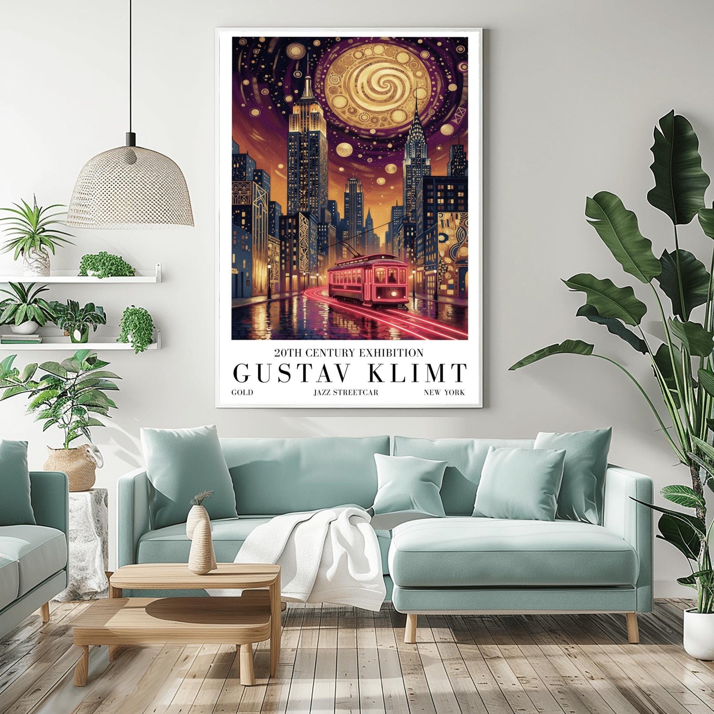 A vertical museum exhibition poster in the style of Gustav Klimt. A glowing red streetcar travels down a New York City street toward the Empire State Building and Chrysler Building at night. The sky is dark purple with a massive golden mosaic moon. Bold black text at the bottom reads "GUSTAV KLIMT" and "JAZZ STREETCAR."