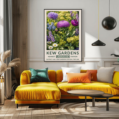 A vertical retro London Underground travel poster for Kew Gardens on a wide cream border. The top image shows a close-up, densely packed botanical illustration of a summer meadow featuring large purple asters, a magenta peony, clusters of tiny yellow dill flowers, blue forget-me-nots, and white daisies surrounded by green leaves. The bottom cream border features the text "KEW GARDENS" in dark green, followed by "NEAREST UNDERGROUND STATION" flanking an authentic boxed Underground logo