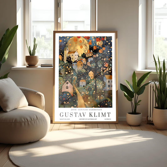Gustav Klimt Print Village Moon Night Poster, Moon & Stars Tree Art, Premium Matte Paper, Klimt Exhibition Wall Decor, Fine Art Print