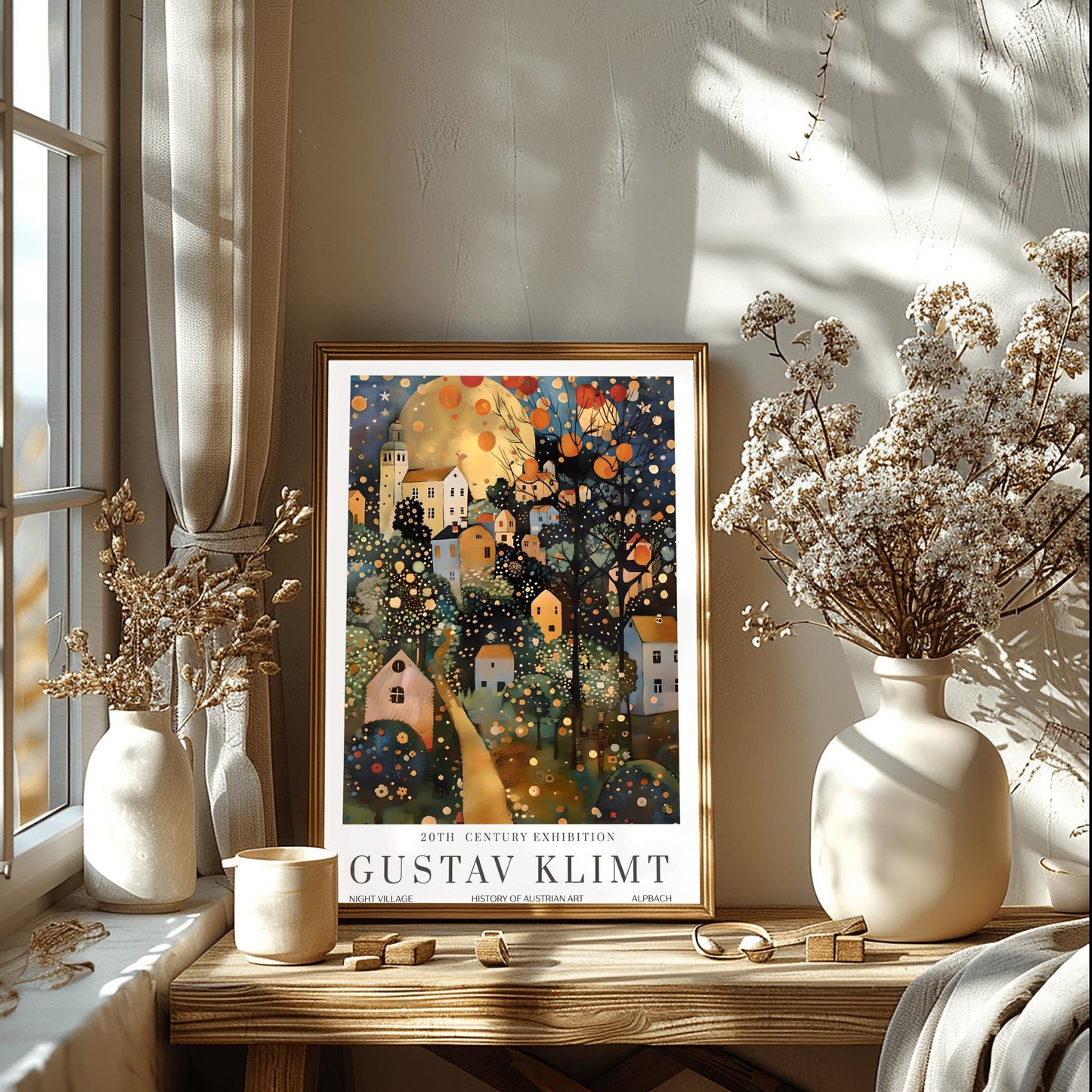 Gustav Klimt Print Village Moon Night Poster, Moon & Stars Tree Art, Premium Matte Paper, Klimt Exhibition Wall Decor, Fine Art Print
