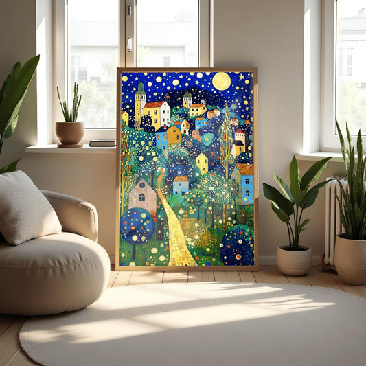 Gustav Klimt Print Village Blue Night Poster, Moon & Stars Tree Art, Premium Matte Paper, Klimt Exhibition Wall Decor, Fine Art Print