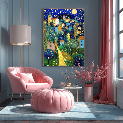 Gustav Klimt Print Village Blue Night Poster, Moon & Stars Tree Art, Premium Matte Paper, Klimt Exhibition Wall Decor, Fine Art Print