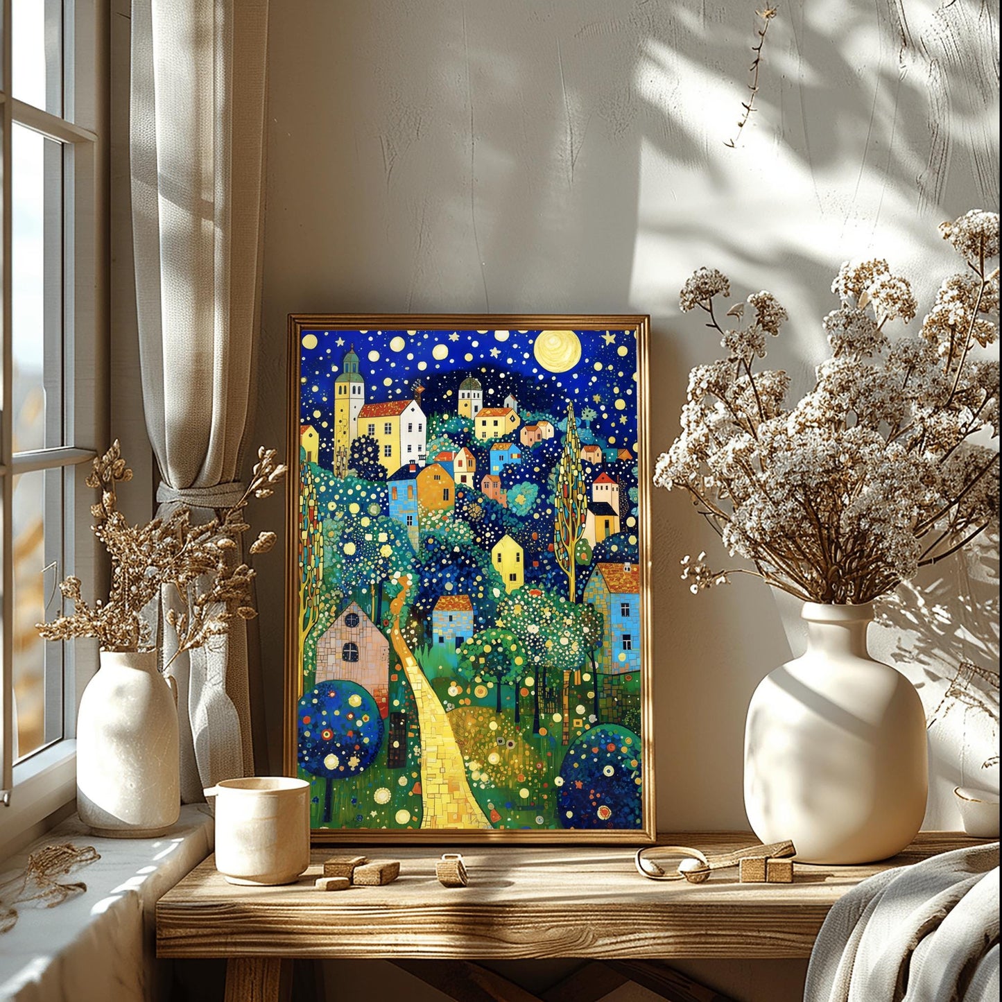Gustav Klimt Print Village Blue Night Poster, Moon & Stars Tree Art, Premium Matte Paper, Klimt Exhibition Wall Decor, Fine Art Print