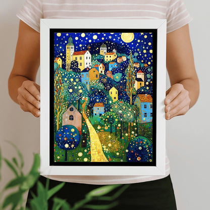 Gustav Klimt Print Village Blue Night Poster, Moon & Stars Tree Art, Premium Matte Paper, Klimt Exhibition Wall Decor, Fine Art Print