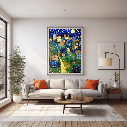 Gustav Klimt Print Village Blue Night Poster, Moon & Stars Tree Art, Premium Matte Paper, Klimt Exhibition Wall Decor, Fine Art Print