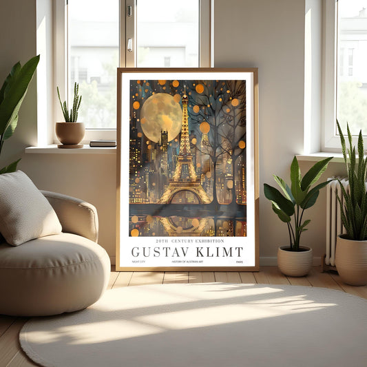 Gustav Klimt Moon Eiffel Tower and Paris Skyline Night Print: Mid-Century Exhibition Poster