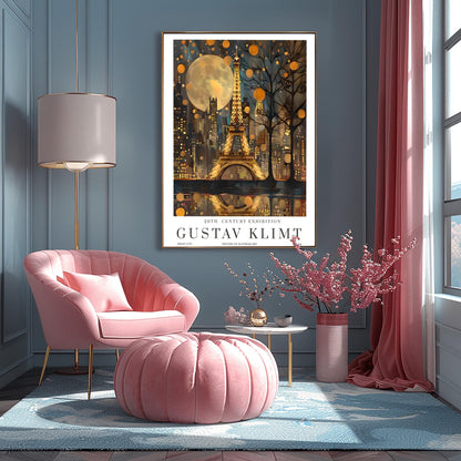 Gustav Klimt Moon Eiffel Tower and Paris Skyline Night Print: Mid-Century Exhibition Poster