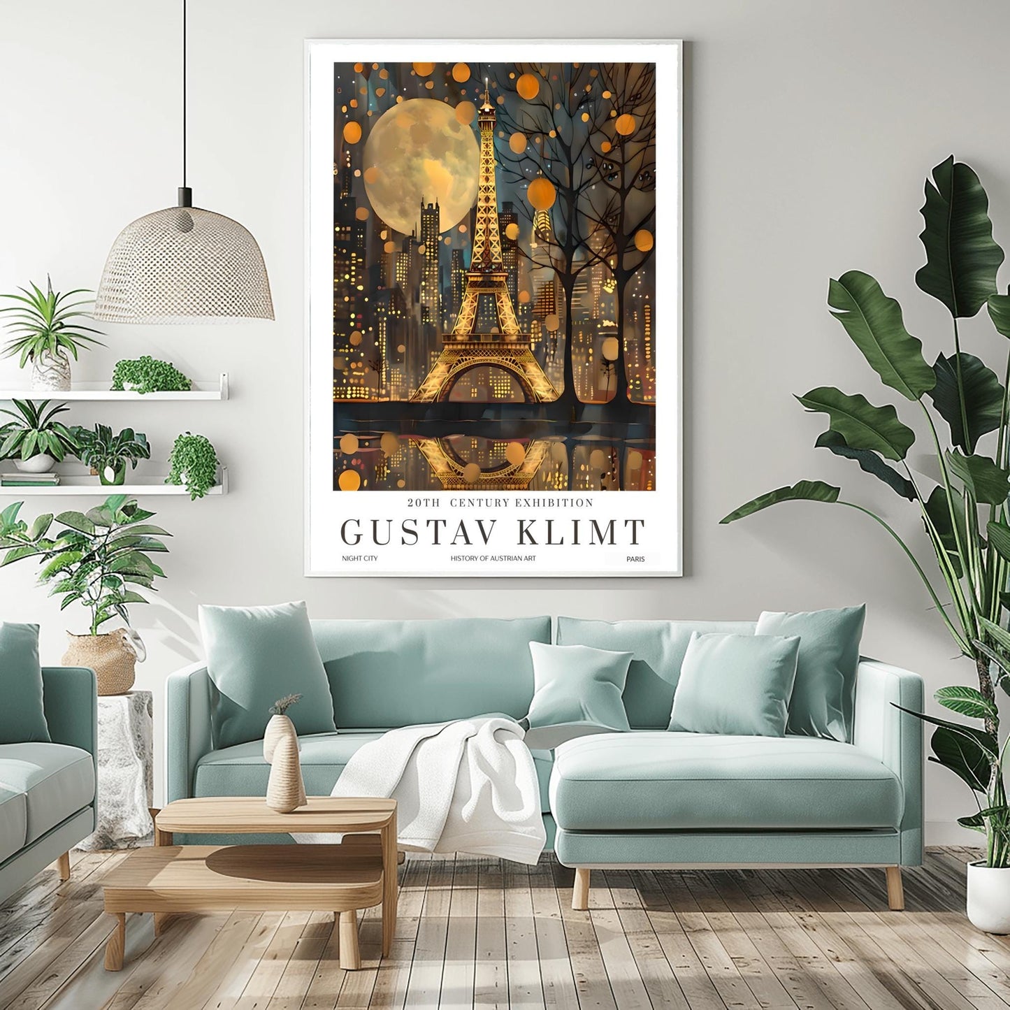Gustav Klimt Moon Eiffel Tower and Paris Skyline Night Print: Mid-Century Exhibition Poster