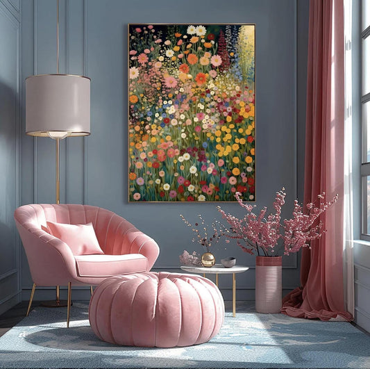 Klimt Poster Dark Green Floral Art Digital Download, Wildflower Boho Canvas Decor