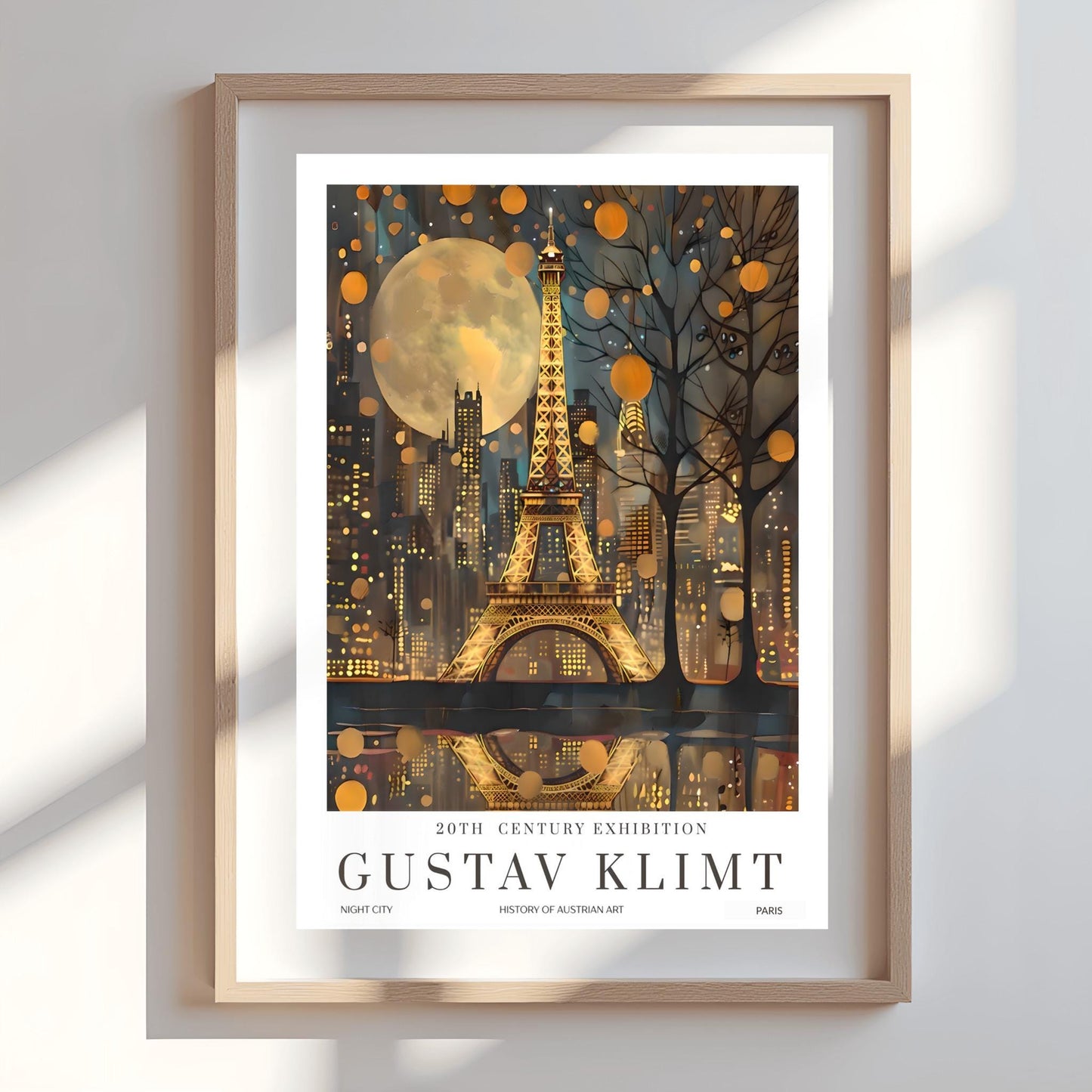 Gustav Klimt Moon Eiffel Tower and Paris Skyline Night Print: Mid-Century Exhibition Poster