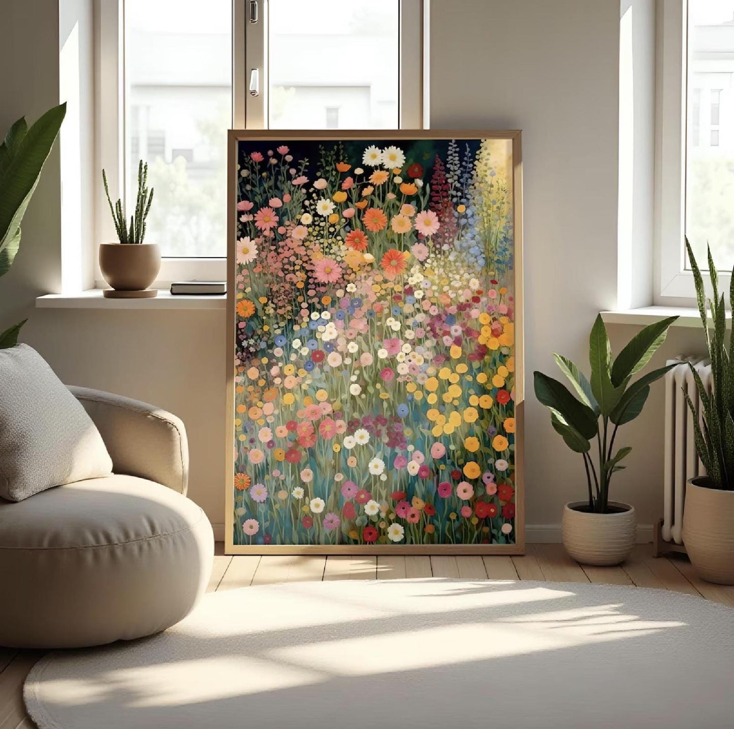 Klimt Poster Dark Green Floral Art Digital Download, Wildflower Boho Canvas Decor