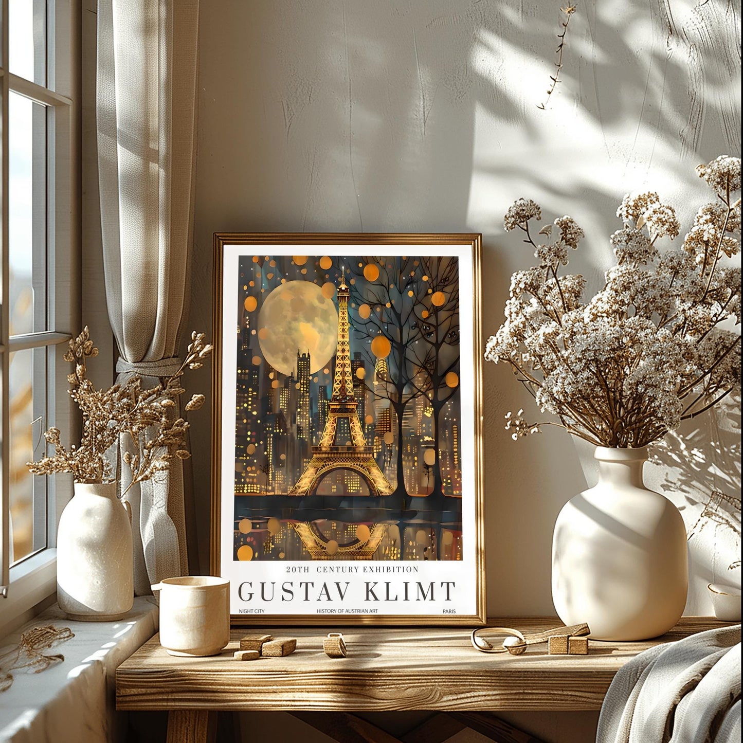 Gustav Klimt Moon Eiffel Tower and Paris Skyline Night Print: Mid-Century Exhibition Poster