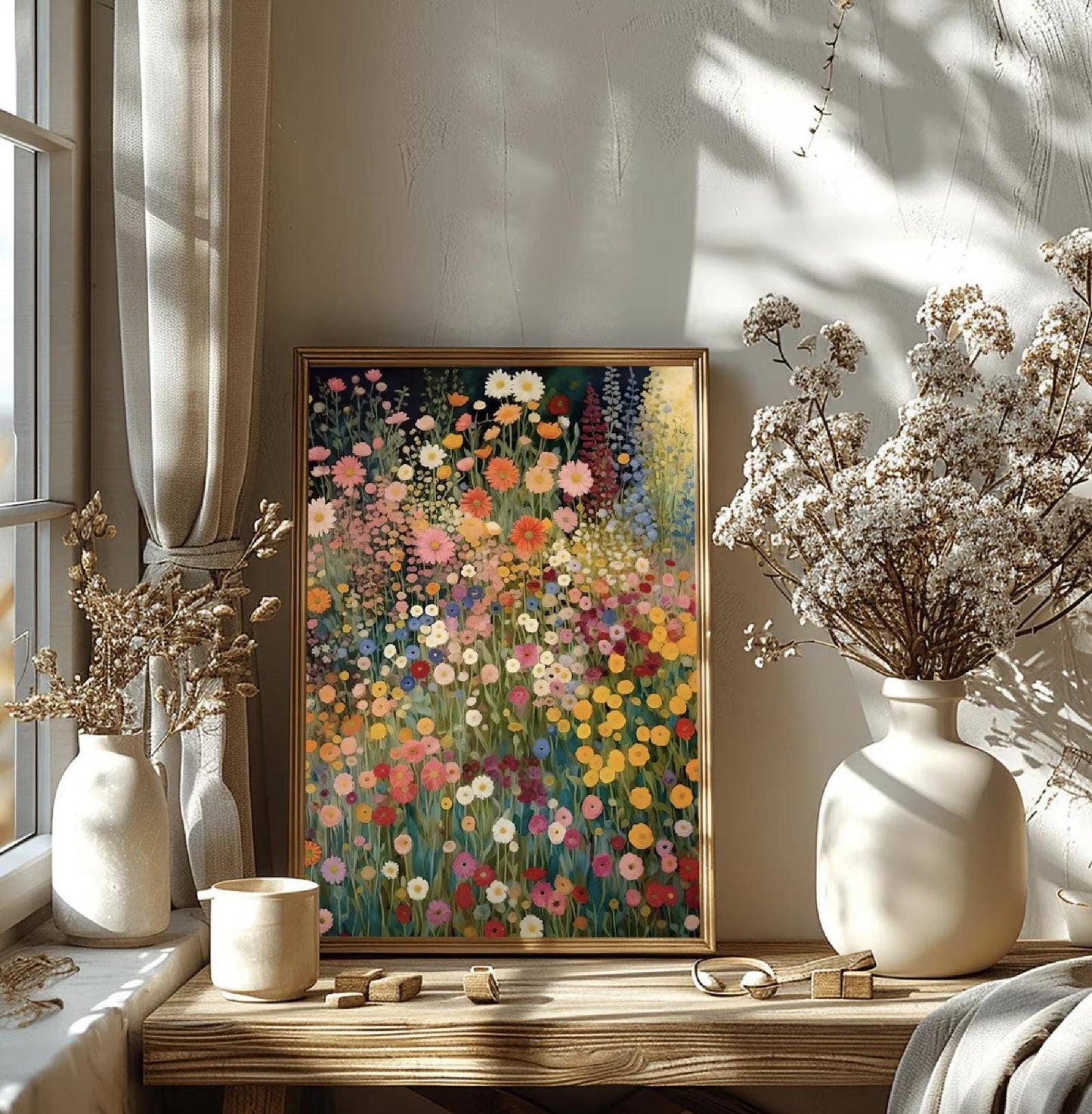Klimt Poster Dark Green Floral Art Digital Download, Wildflower Boho Canvas Decor