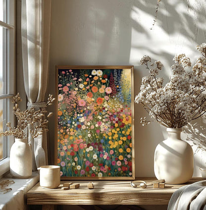 Klimt Poster Dark Green Floral Art Digital Download, Wildflower Boho Canvas Decor