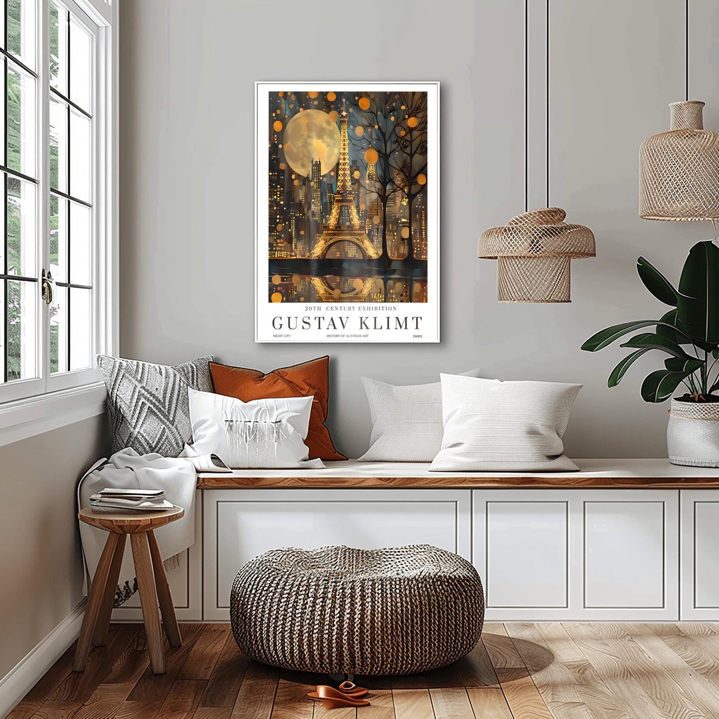 Gustav Klimt Moon Eiffel Tower and Paris Skyline Night Print: Mid-Century Exhibition Poster