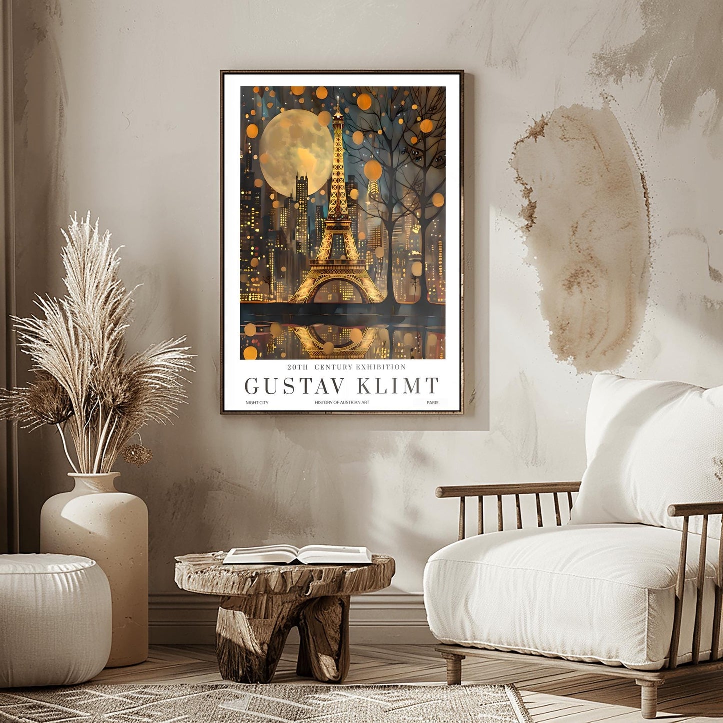 Gustav Klimt Moon Eiffel Tower and Paris Skyline Night Print: Mid-Century Exhibition Poster