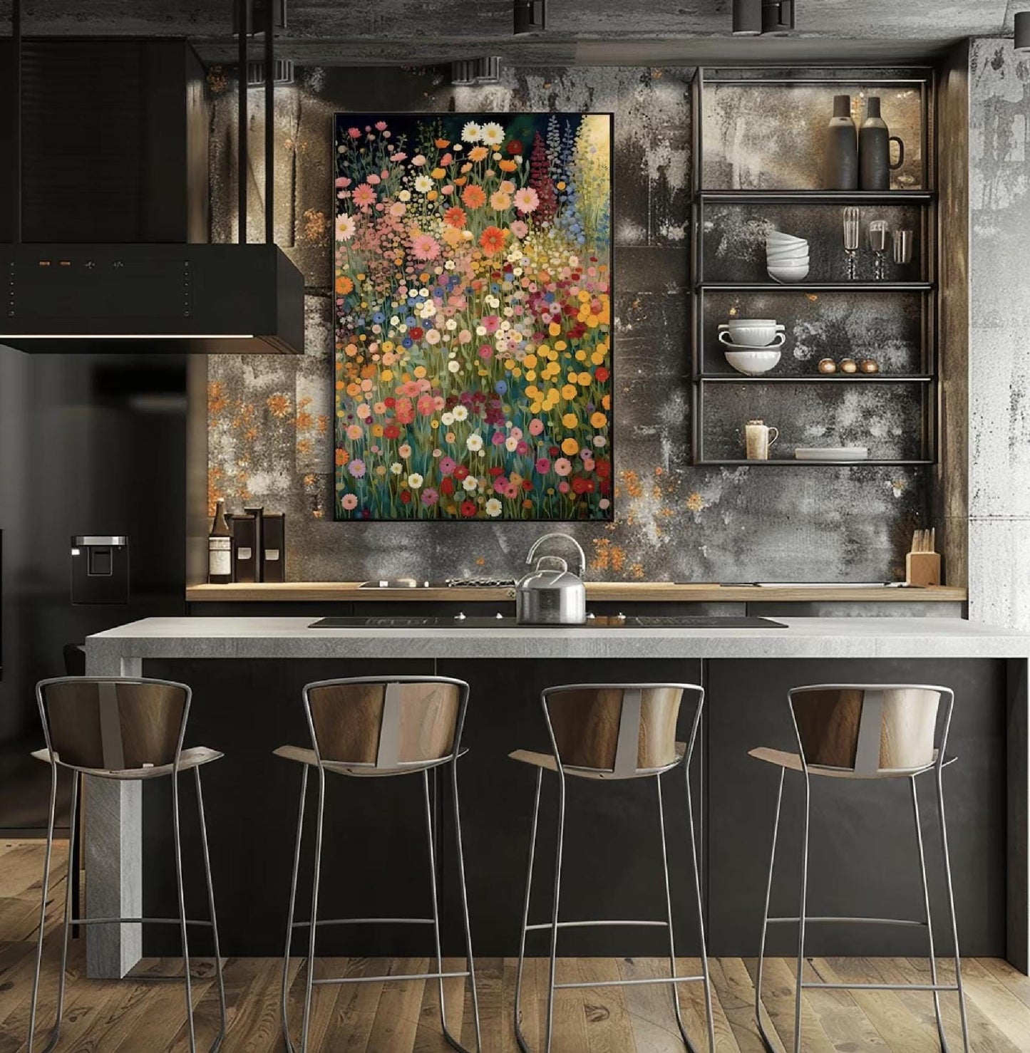 Klimt Poster Dark Green Floral Art Digital Download, Wildflower Boho Canvas Decor
