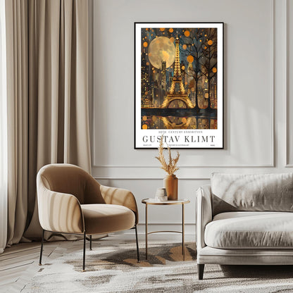 Gustav Klimt Moon Eiffel Tower and Paris Skyline Night Print: Mid-Century Exhibition Poster