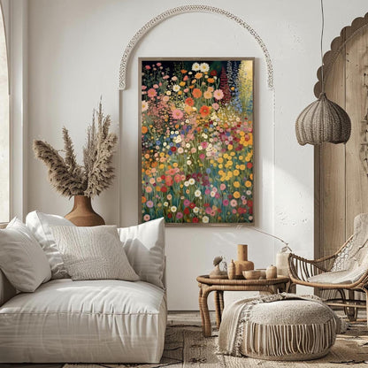 Klimt Poster Dark Green Floral Art Digital Download, Wildflower Boho Canvas Decor