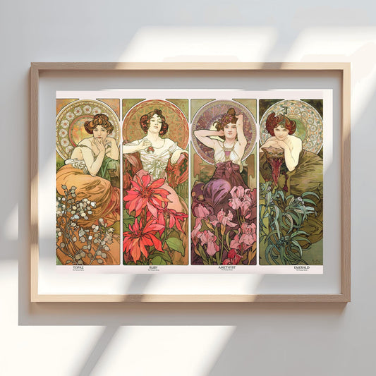 Alfons Mucha The Precious Stones Art Print Set, Art Nouveau Poster, Vintage Decor