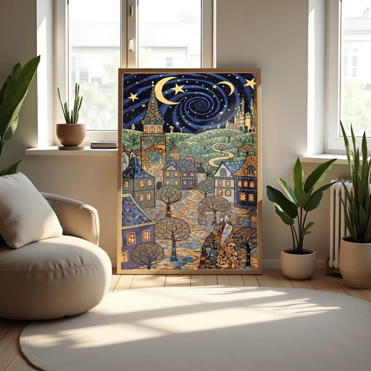 Gustav Klimt Village Night Print Moon & Stars Fine Art Poster